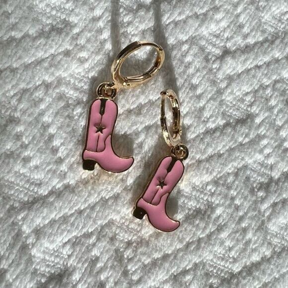 Country Western Pink Gold Tone Mini Cowboy Boot Earrings Rodeo Cowgirl Festival - Picture 4 of 7